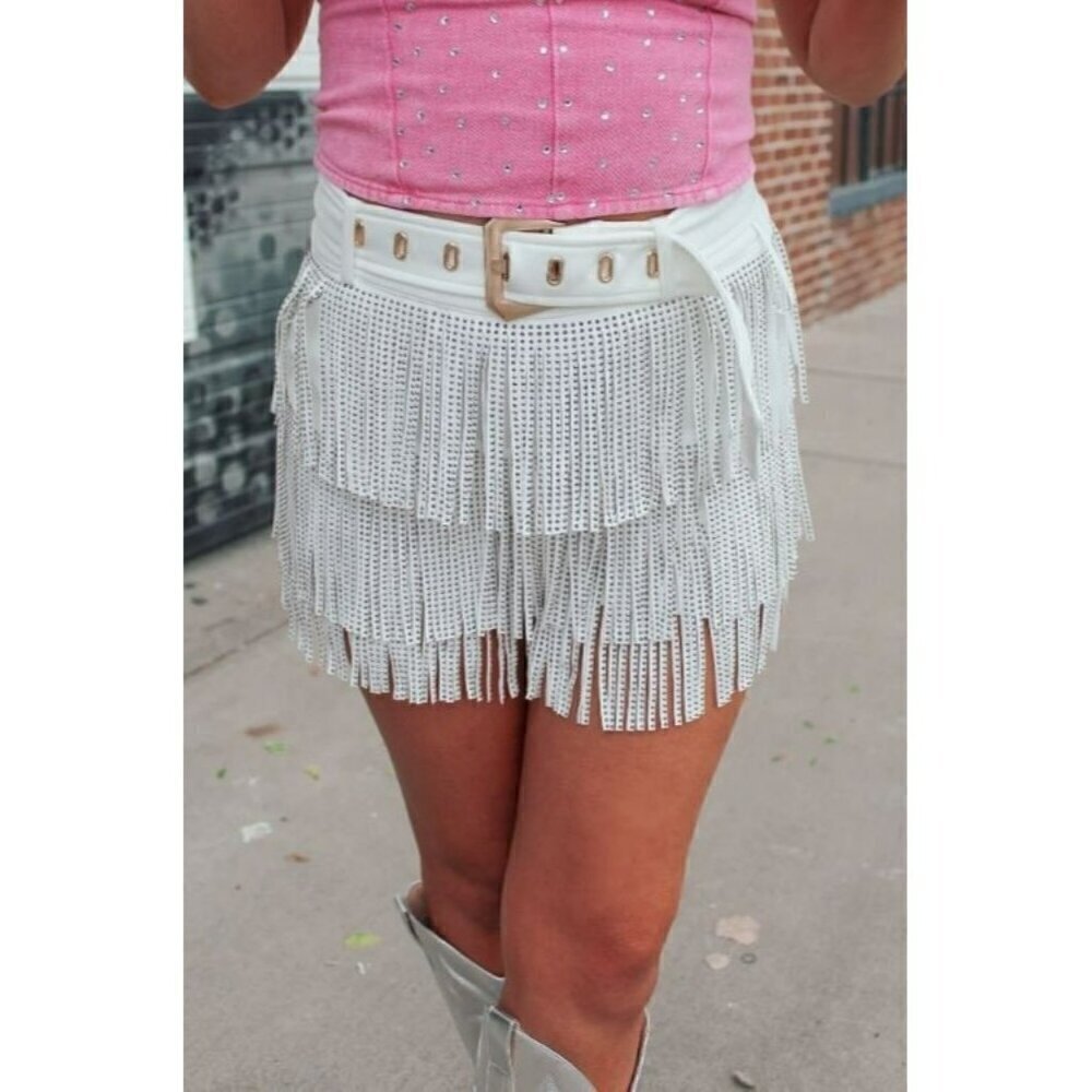 Born To Shine Belted Rhinestone Fringe Shorts in White - Picture 3 of 10